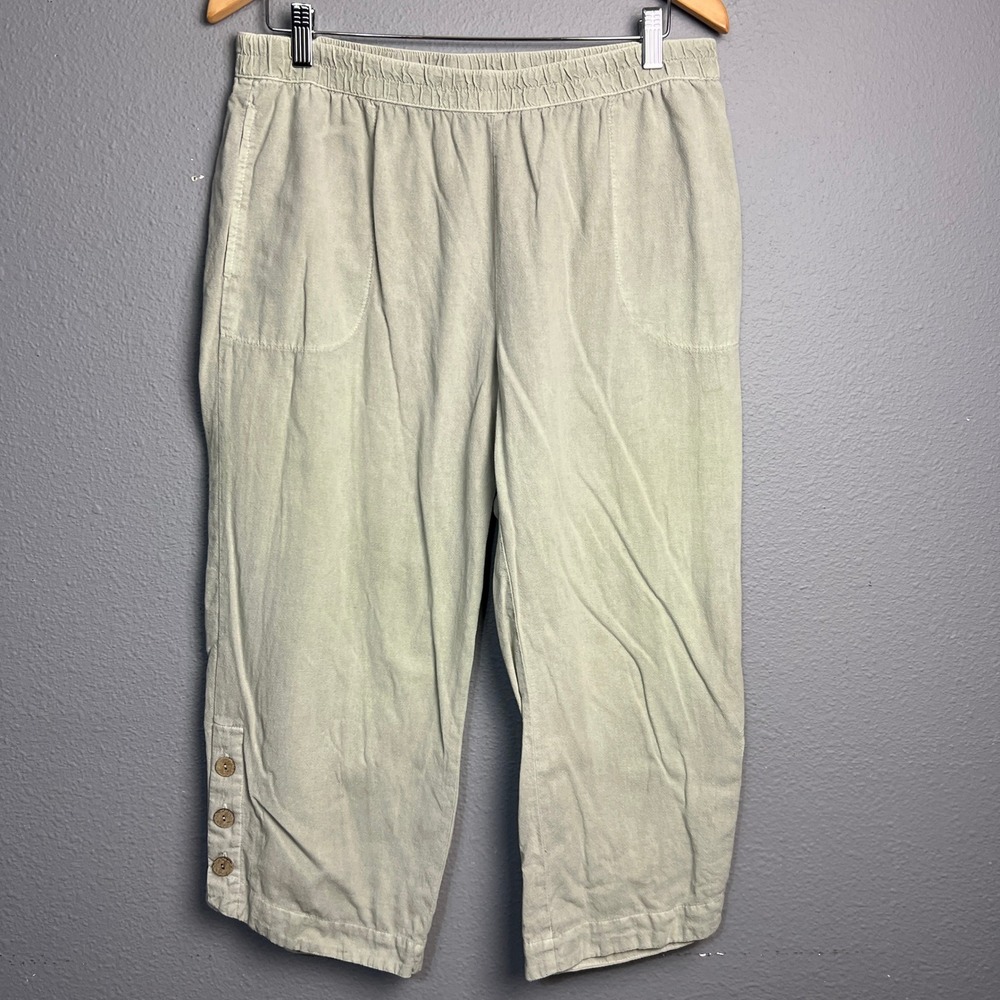Focus Casual Life Capri Pants Neutral Button Accent Elastic Waist Coastal M
